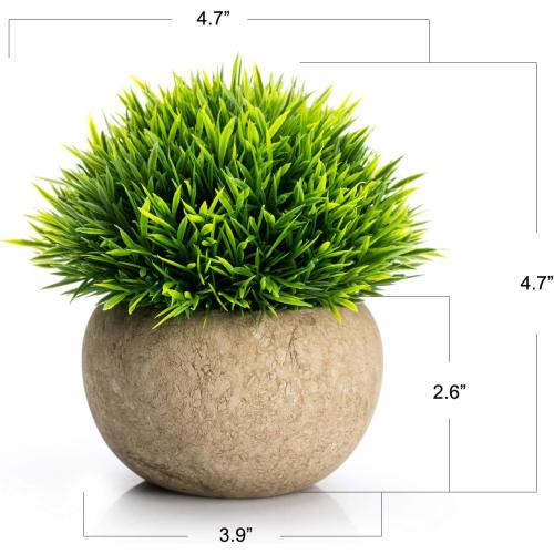 Velener Mini Plastic Fake Green Grass Plant with Pot, Topiary Ball, Small Fake Plant, Round Paper-Mache Pot for Indoor Office, Kitchen, Bathroom and Living Room Decor
