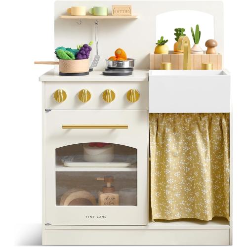 Tiny Land Toddler Kitchen Playset, Wooden Play Kitchen Set Toy with Cutting Food & Cookware, Oven, Clicking Knobs, Stove and Sink, Small Toy Kitchen Gift for 1-3 Year Old Kids, Girls & Boys - Cream