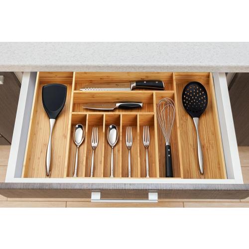 Umilife Extra Large Expandable Kitchen Siverware Utensils Drawer Organizer, 19 Deep for Big Drawer, Adjustable Bamboo Wood Drawer Divider with Curved Grooves, Cutlery Tray Flatware Holder