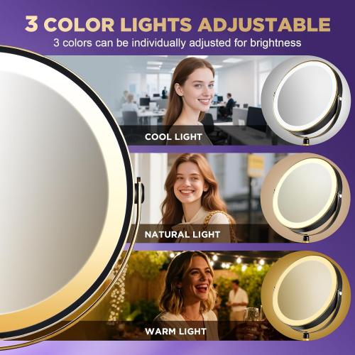 30x Magnifying Mirror with Light, Matte Black with Gold Trim, Makeup Mirror with 3 Color Lights & Brightness Adjustable, 5000mAh Rechargeable Vanity Mirror, Modern Style Side Touch   Side Charge