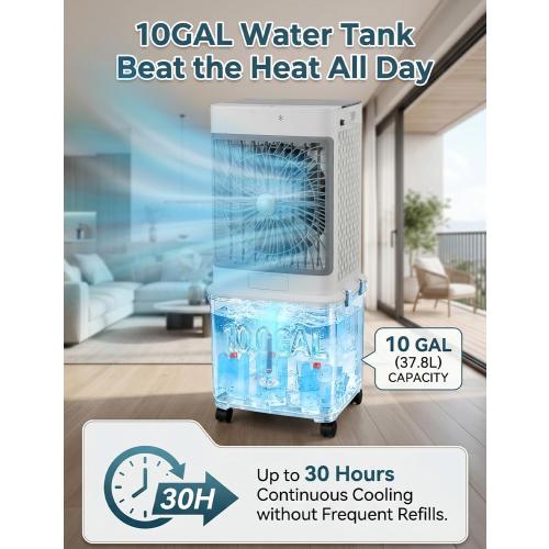Swamp Cooler Cooling Fan, 10-Gal Portable Air Conditioners Windowless | Evaporative Air Coolers with Detachable Tank, 3 Speeds, Timer, Remote, and Rolling Casters for Patios, Garages, Apartments