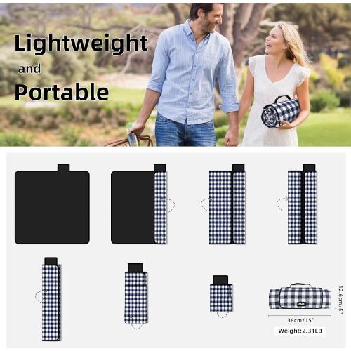 ZAZE Picnic Blankets Machine Washable, 80''x80'' Extra Large Waterproof Sandproof Foldable Compact Beach Blanket, Oversized XL Outdoor Mat for Spring Summer Camping, Park, Travel Grass(Blue and White)