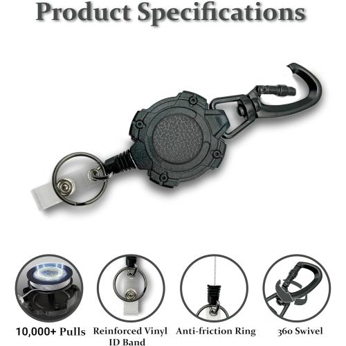 Heavy Duty Black Tactical Badge Reel. Swivel Carabiner Clip. 32.5” Steel Cable/Rope with Key Ring & ID Strap. 8 oz Weight