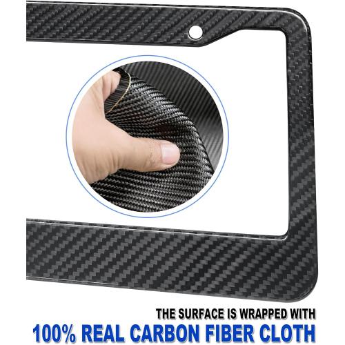 Carbon Fiber License Plate Frame- Stainless Steel Car Tag Holder Wrapped with Real Carbon Fiber, 2 Hole Wide Edge, Anti-Theft Screws Caps, Rattle-Proof Pad, 1 Pack for Front or Rear