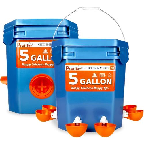 5 Gallon Chicken Feeder and Waterer Set Bucket, Automatic Chicken Waterer, No Waste Poultry Feeder, Hanging Poultry Water Kit with Cups and Feeding Ports, Chicken Coop Accessories, 44Pound / 5Gal