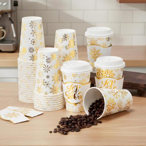 48 Sets 12 oz Christmas Disposable Paper Cups Gold Foil Winter Snowflake Coffee Cups with Lids and Sleeves Bulk for Hot Cold Tea Drinking Winter Birthday Wedding Holiday Party Favors