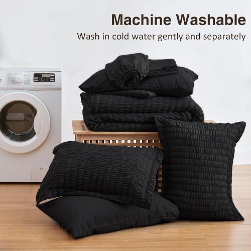 Love's cabin Seersucker Black California King Comforter Set, 7-Piece All Season Lightweight Bed in a Bag Bedding Set with Comforter, Flat Sheet, Fitted Sheet, Pillowcases and Shams