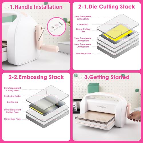 CraftGenes Manual Die Cutting Machine and Embossing Machine, 9'' Opening Size for Cardmaking, Scrapbooking, and DIY Crafts – Foldable Complete Set with A4 Die Cuts, Embossing Folders, and Plates(Pink)