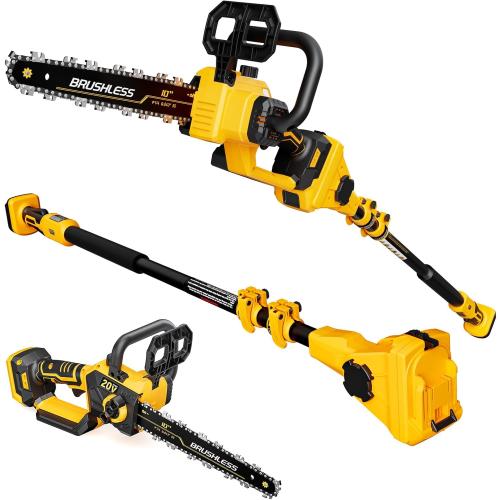 Black and Yellow 2-IN-1 Cordless 10-Inch Pole Saw And Chainsaw Compatible with Dewalt 20V MAX* Battery, Total Reach of Max 14.5ft, Electric Pole Saw for Tree Trimming Pruning (Tool Only)