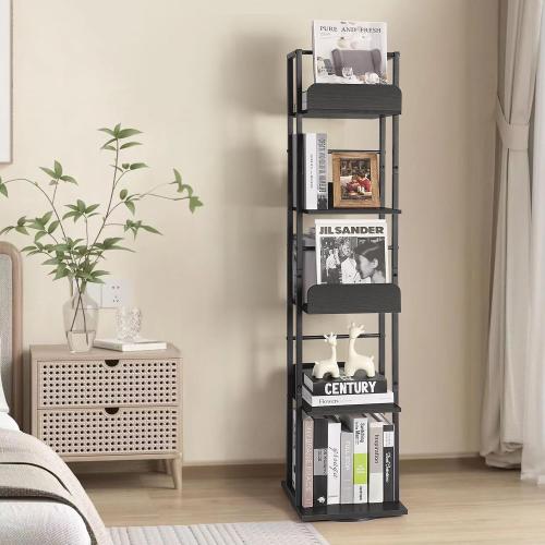 Bikoney Rotating Bookshelf, 360 Display Spinning Bookshelf Tower, 5-Tier Narrow Bookcase, Tall Industrial Book Shelf Organizer, Small Corner Book Shelves for Living Room, Black