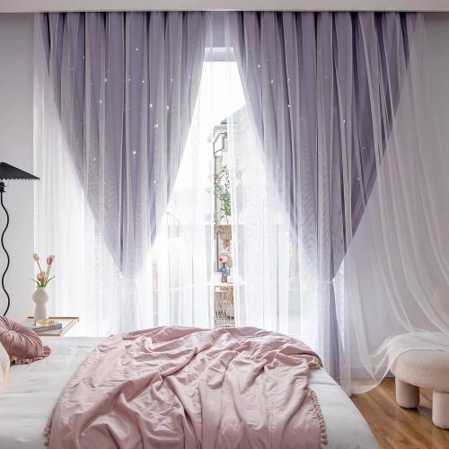 Stars Curtains Double Layer Curtains Blackout Curtains for Bedroom Kids Curtains Cute Curtains Kids Blackout Curtains, Curtains 84 Inches Long 2 Panels Set, Purple Curtains, 52 X 84 Inches