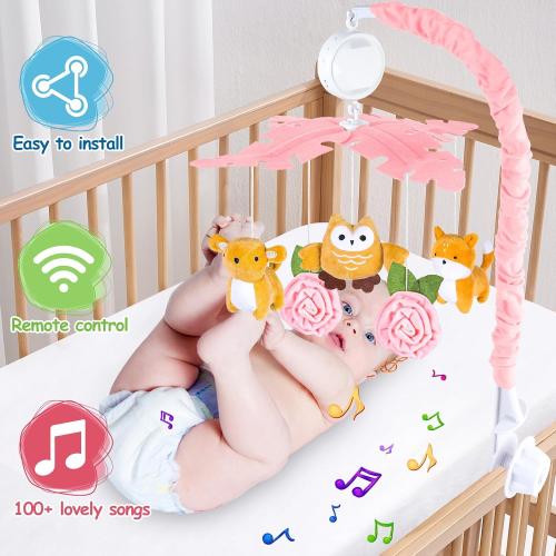 Baby Crib Mobile with Music and Lights, Mobile for Crib with Remote Control, Rotation, Starlight Projection, Crib Toys for Babies Boys Girls(Pink)