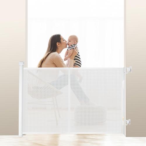 White 100″ Retractable Baby Gate – 34″ Tall Extra Wide Mesh Safety Gate for Open Floor Plans, Wide Doorways – Baby and Pet Barrier for Indoor Outdoor Use, White