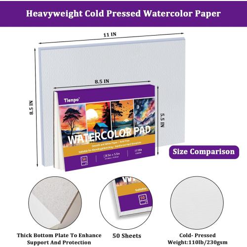 Tlenpo Watercolor Paper Pad, 8.5 x5.5 in, 110lb/230gsm, 50 Sheets Artist Painting Drawing Paper Book, Art Supplies for Adults Kids, Acid-Free Water Color Paper for Beginner Students (3 pack)