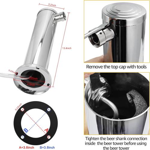 MRbrew Single Tap Draft Beer Tower, Support Countertop and Kegerator Installation, Stainless Core Beer Faucet Stainless Steel 3'' Flange Brewing Tower Dispenser Kit with Self-Closing Faucet Spring