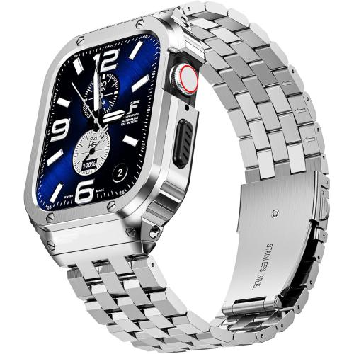 SUPLINK Stainless Steel Case and Band Compatible with 45mm Apple Watch Bands for Men, Metal Rugged Protective Bumper for iWatch Apple Watch Series 9 8 7 Band, Silver