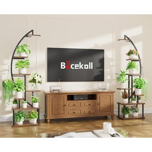 BACEKOLL Plant Stand with Grow Lights 2 Pack Tall Indoor Plant Shelf 64 | 7-Tier 2 Pack 64 Plant Stands, Grow Lights Dual-Head, 14 Potted Stands   2 Hangers, Half-Moon, Iron Frame, for Patio, Black