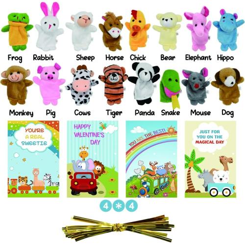 Valentine's Day Cards with 16 Pcs Plush Animal Finger Puppets, Kids Classroom Gifts & Party Favors