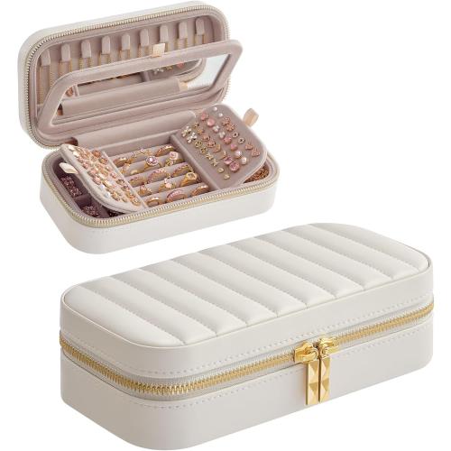 SONGMICS HOME Travel Jewelry Case, Travel Jewelry Box Organizer with Mirror, 4.1 x 8 x 2.4 Inches, Stitching, Portable, Christmas Gift, Cloud White UJBC180W01