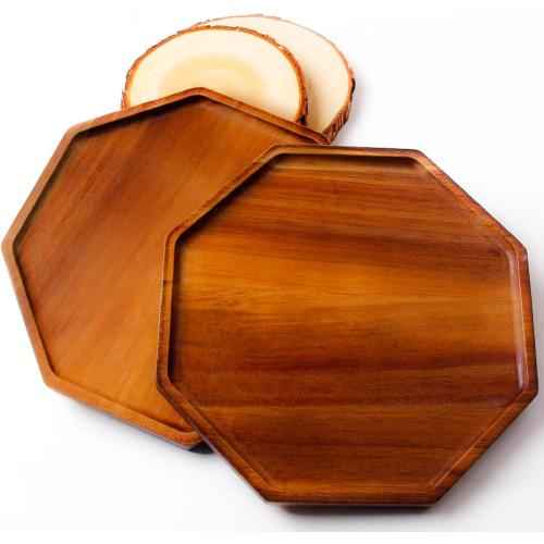 Set of 2 Size 10 Inch Solid Acacia Wood Serving Platters and Trays Set of 2 Highly Durable Dishwasher Safe Octagon Party Plates Avoid Sliding and Spilling Food with Easy Carry Grooved Handle Design