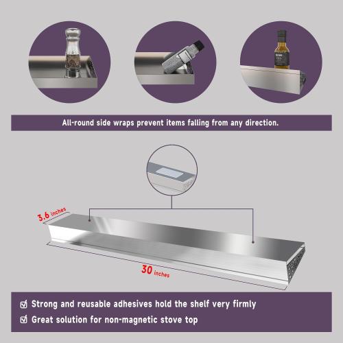 Stove Shelf for Stove Top, Spice Rack Organizer, Easy Installation, Kitchen Storage Solution, with Standard 30 Length, Brushed Stainless Steel, Non Magnate (Stainless Steel)