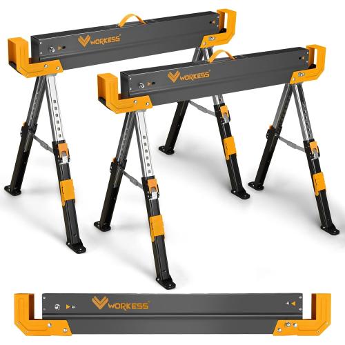 Saw Horses 2 Pack Folding, 2600 Lbs Load Capacity & 24-32 Inch Adjustable Height Heavy Duty Sawhorse Table with 2x4 Support Arms, Portable Folding Legs and Easy Grip Handle for Woodworking