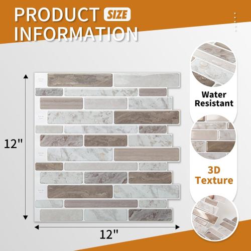 WOWSTAR 10-Sheet Peel and Stick Tiles, Marble Look Kitchen Backsplash Tiles, 12x12 Multi