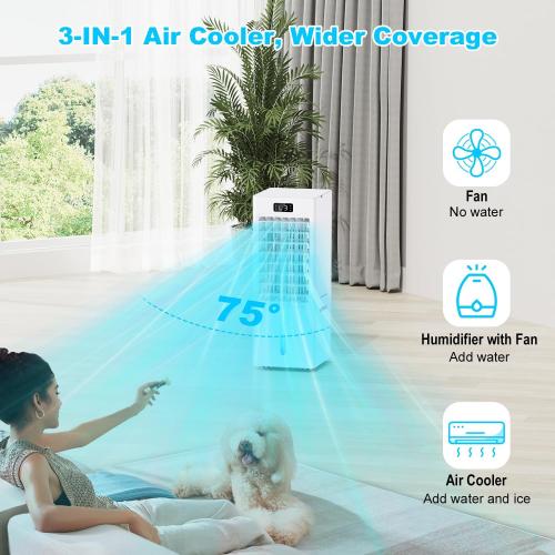 Evaporative Air Cooler, 6L Windowless Portable Air Conditioners, 4-IN-1 Swamp Cooler with 4 Ice Packs, 4 Modes & 3 Speeds, Auto Oscillating, 12H Timer, 17FT Remote, Cooling Fan for Office, Home