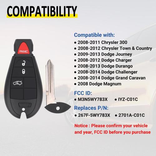 Key Fob Entry Remote Control Key Compatible with Chrysler 300, Dodge Charger, Challenger, Magnum, Replacement for M3N5WY783X IYZ-C01C, 4 Button (Single)