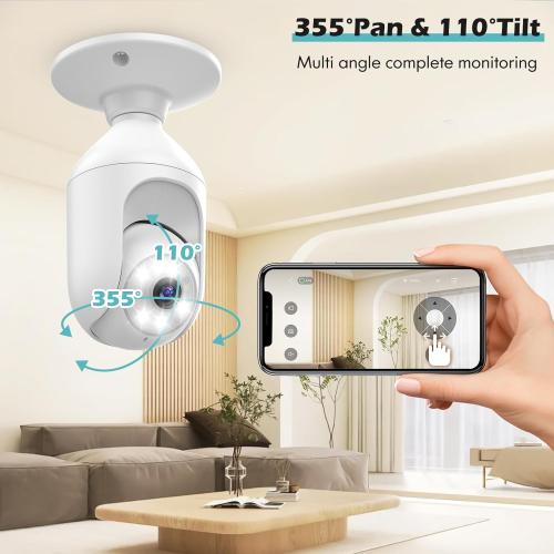 Light Bulb Security Cameras Wireless Outdoor Indoor, 2.4GHz WiFi Lightbulb Cameras for Home, 360°PTZ, 2K Color Night Vision, Motion Detection, 2-Way Audio, Spotlight Audible Alarm