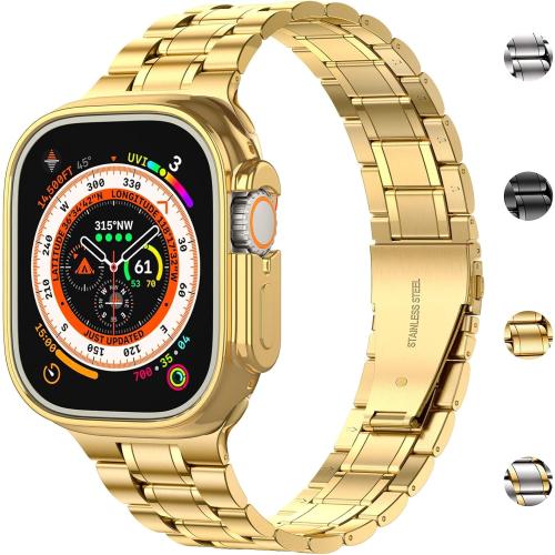 MioHHR Solid Stainless Steel Band Compatible with Apple Watch 49mm Ultra 3/2/1, Metal Strap with Soft TPU Case for iWatch Series Ultra 3/2/1 49mm Women and Men, Gold***