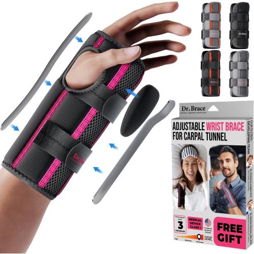 Size S/M Color Pink DR. BRACE Adjustable Wrist Brace Night Support for Carpal Tunnel, Doctor Developed, Upgraded with Double Splint & Therapeutic Cushion,Hand Brace for Pain Relief,Injuries,Sprains (S/M Right Hand, Black-Pink)