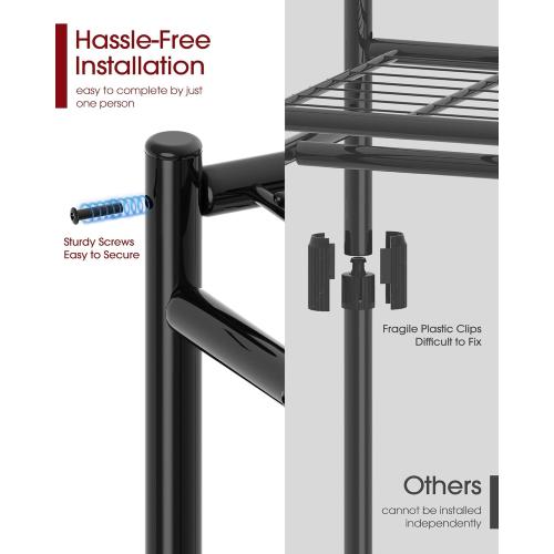 Sakugi Clothes Rack - 33.0 x 12.2 x 79.5 Clothing Rack with Shelves & Wheels, Multi-Functional Wardrobe Closet with Hooks, Sturdy Metal Garment Rack for Bedroom, Laundry, Balcony (Black)