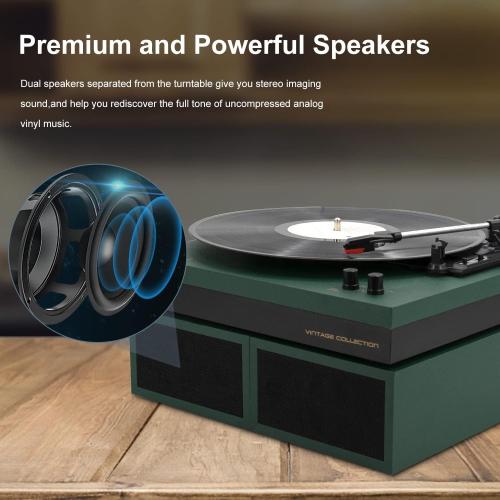LP&No.1 Record Player with Stereo Bookshelf Speakers, Vintage 3-Speed Belt Drive Turntable, Wireless Input, RCA Output, Auto Stop Function | Dark Green