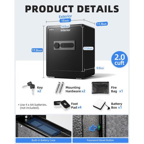 DAYI Safe Box, 2.0 Cubic Feet Home Safe with Fireproof Waterproof Bag, Security Safe Box for Money Cash Valuables, Digital Electronic Keypad, Dual Alarm System, Removable Shelf - D-45