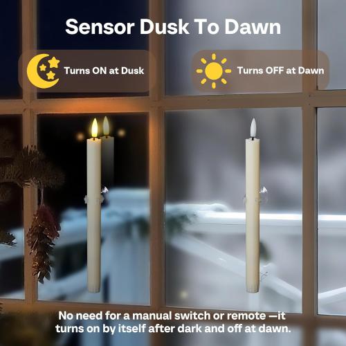 8pcs 0.78 x10 Plastic LED Ivory Flameless Window Candles with Sensors from Dusk to Dawn, Battery Operated Flickering Taper Warm Glow for Festival Decoration with Suction Cups