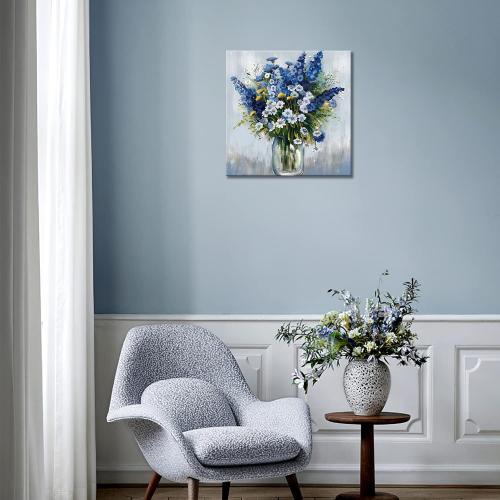 Blue and White Flower Wall Art, Bathroom Floral in vase Canvas Print Nature Scenery Wall Art for Living Room Bedroom Wall Painting Decoration Modern Artwork