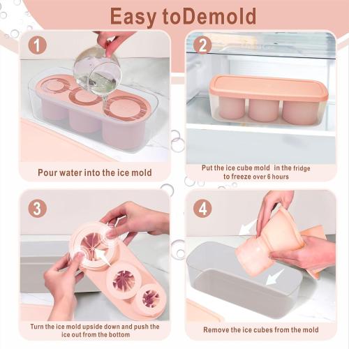 2pc Tumbler Ice Tray for Stanley/Yeti/Simple Modern etc. 30-40oz Tumblers, Silicone Ice Cube Tray for Tumblers with Bin and Lid, Pink