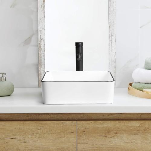 Ceramic Rectangular Bathroom Vessel Sink, 16'' x 12'' Above Counter Porcelain Small Sink with Faucet Combo, White Body with Black Trim on The Top