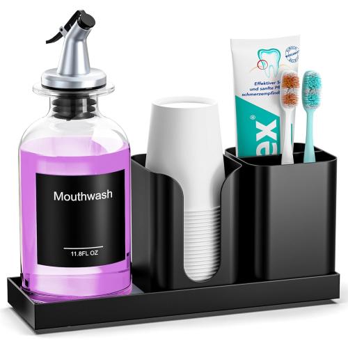 Moforoco Glass Mouthwash Dispenser with Toothbrush Holders, 11.8Oz Mouth Wash Bottle Container with Cup Holder, Funnel, Labels, and Drying Stone Tray, Bathroom Decor Accessories Set, Black