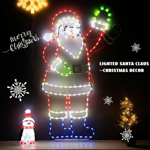 5FT Lighted Waving Santa Claus Animated Christmas Decoration, 273 LEDs Neon Lighted Figure for Outdoor Yard Decor, Indoor Holiday Party