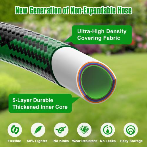 Green and Black Garden Hose Non-Expandable Water Hose with 10 Function Nozzles, Portable, Kink-Free, Outdoor and Garden Flexible Hose Pipe for Car Wash, Yard, Camper, Lawn, Lightweight Long Hose