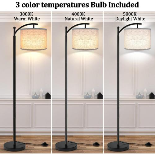 ROTTOGOON Floor Lamp for Living Room with 3 Color Temperatures LED Bulb, Standing Lamp Tall Industrial Floor Lamp Reading for Bedroom, Office (9W LED Bulb, Beige Lampshade Included) -Black