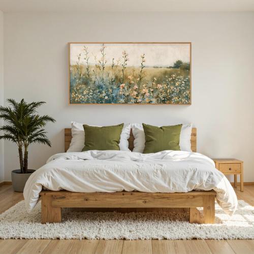 HLNIUC Vintage Watercolor Wildflower Landscape Horizontal Wall Art Framed, Large Retro Floral Wall Decor(20x40), Nature Wilderness Farmhouse Rustic Field Canva Painting for Living Room,Bedroom, Office