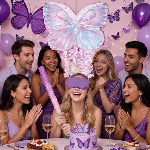 Butterfly Pinata Set - Purple Crystal Butterfly Pull String Piñata with Blindfold, Bat, Confetti for Birthday Fairy Party Decorations (16.1'')