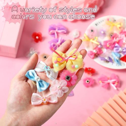 Janinka 40 Pieces Dog Bows Cute Dog Hair Bows for Puppy Hair Bowknot with Rubber Bands Lace Organza Rhinestone Pearls Multicolor Pet Grooming Accessories