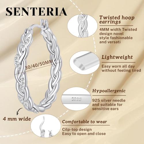 Senteria Silver Twisted Hoops Earring for Women Hypoallergenic Sterling Silver Post Hoop Earrings with AAA  Cubic Zirconia 14K Gold Plated Hoop Earrings for Women 30/40/50MM