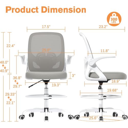WHITE Tall Drafting Chair with Lumbar Support and Footrest Ring, Supportive Tall Extended Height Ergonomic Desk Chair for Home Work, Breathable Mesh Office Chair with Flip up Arms(Gray)