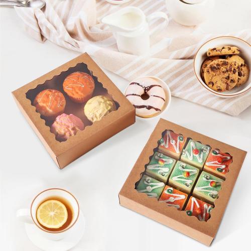9 pcs 8x8x2.5 Inches Bakery Boxes with Window, Cake Pastry Cookie Mini Pie Box for Pastry,Dessert,Strawberries,Chocolates (Brown)