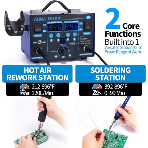 YIHUA 862BD  SMD ESD Safe 2 in 1 Soldering Iron Hot Air Rework Station °F /°C with Multiple Functions
